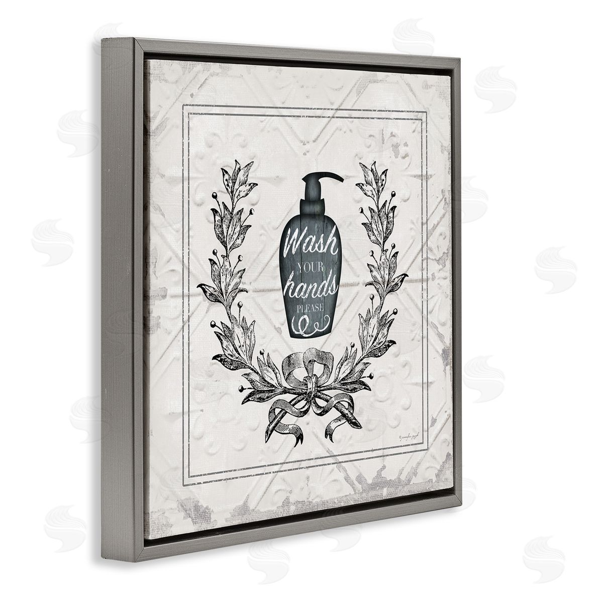 Jennifer Pugh Wash Your Hands Please Phrase Parisian Soap Bathroom Gray Floating Frame Canvas Wall Art Print