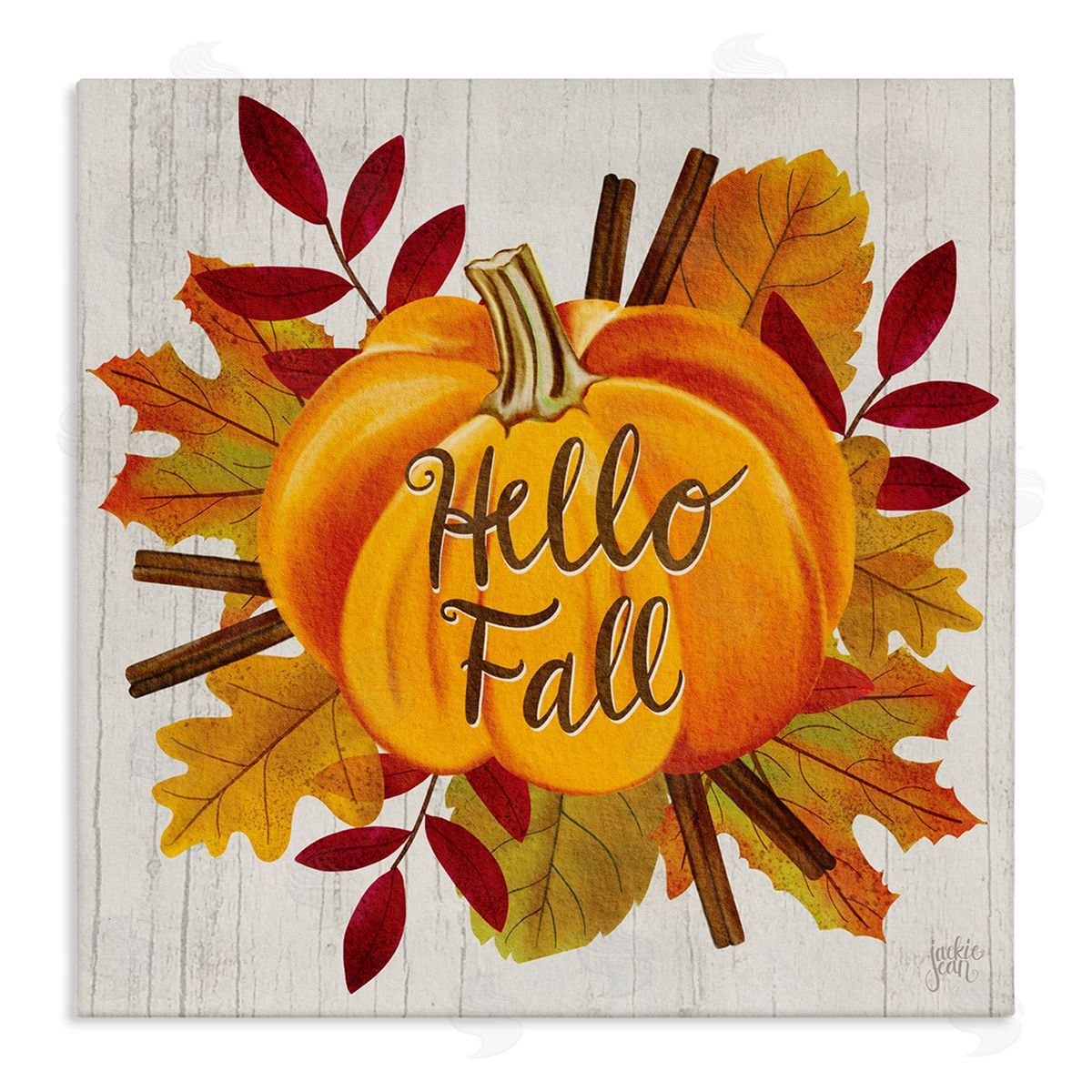 Jackie Quigley Hello Fall Sentiment Orange Pumpkin Autumn Tree Leaves Stretched Canvas Wall Art Print