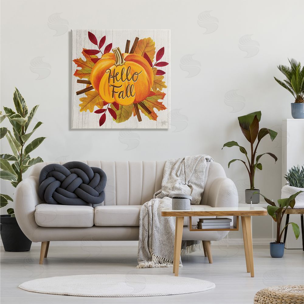 Jackie Quigley Hello Fall Sentiment Orange Pumpkin Autumn Tree Leaves Canvas Wall Art in Room