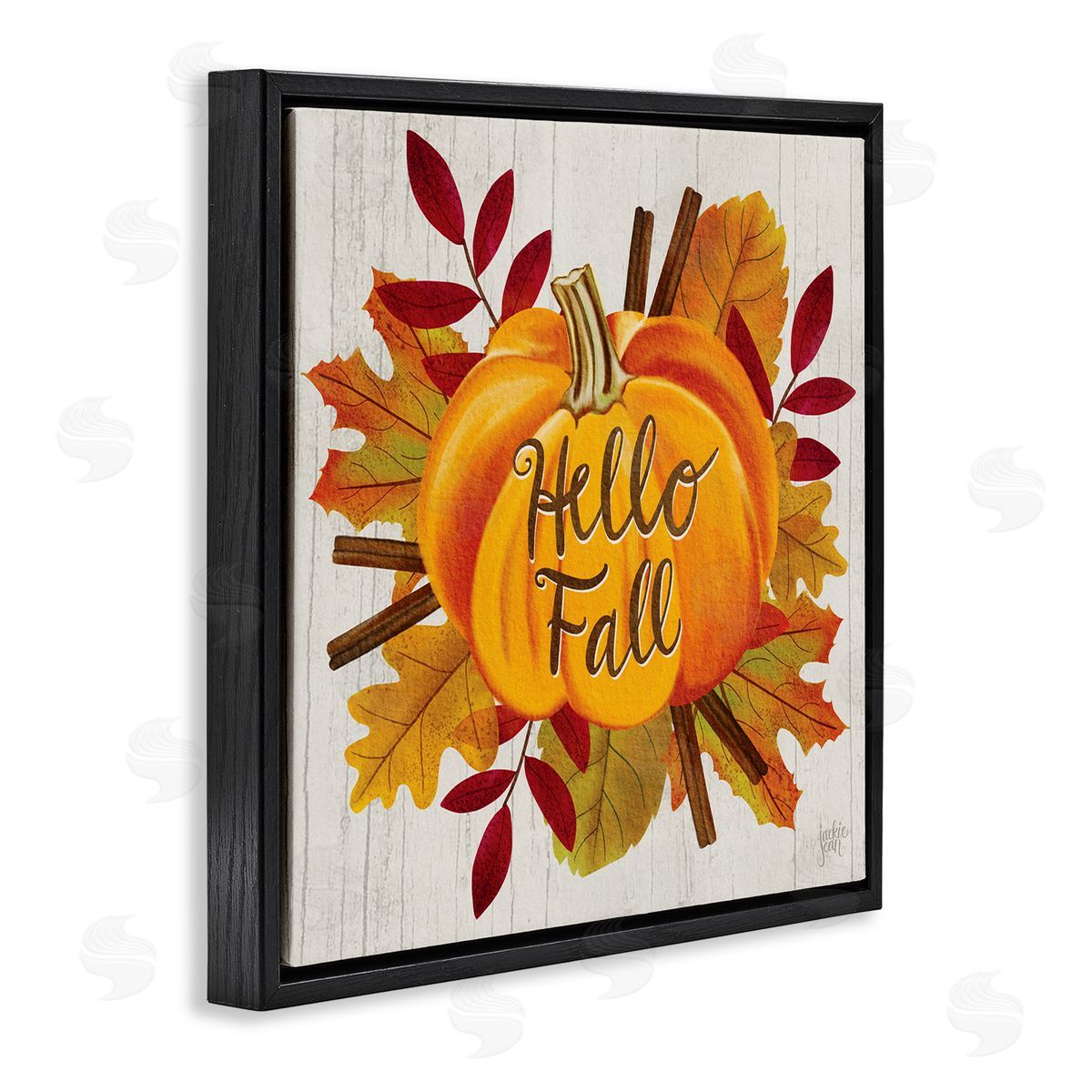 Jackie Quigley Hello Fall Sentiment Orange Pumpkin Autumn Tree Leaves Black Floating Frame Canvas Wall Art Print