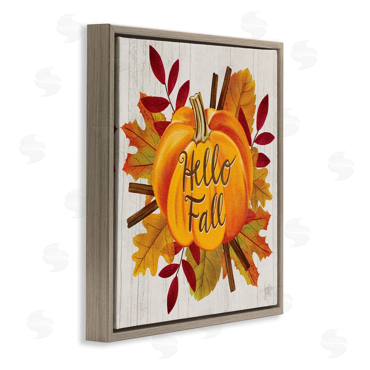Jackie Quigley Hello Fall Sentiment Orange Pumpkin Autumn Tree Leaves Brown Floating Frame Canvas Wall Art Print