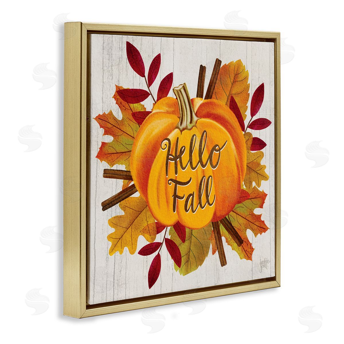 Jackie Quigley Hello Fall Sentiment Orange Pumpkin Autumn Tree Leaves Gold Floating Frame Canvas Wall Art Print