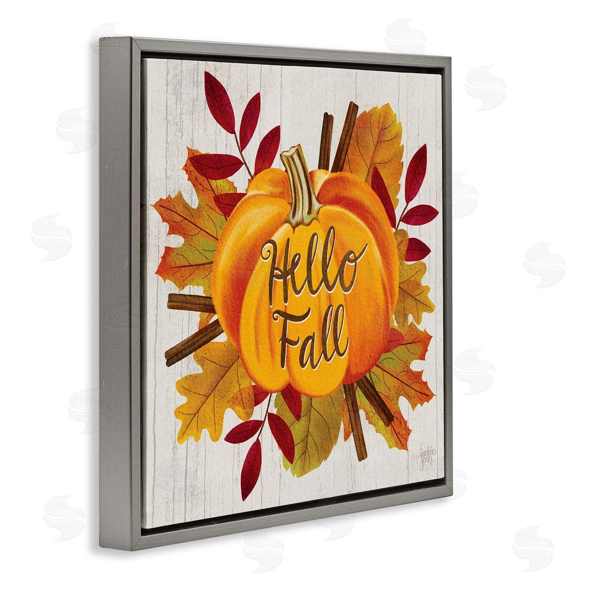 Jackie Quigley Hello Fall Sentiment Orange Pumpkin Autumn Tree Leaves Gray Floating Frame Canvas Wall Art Print