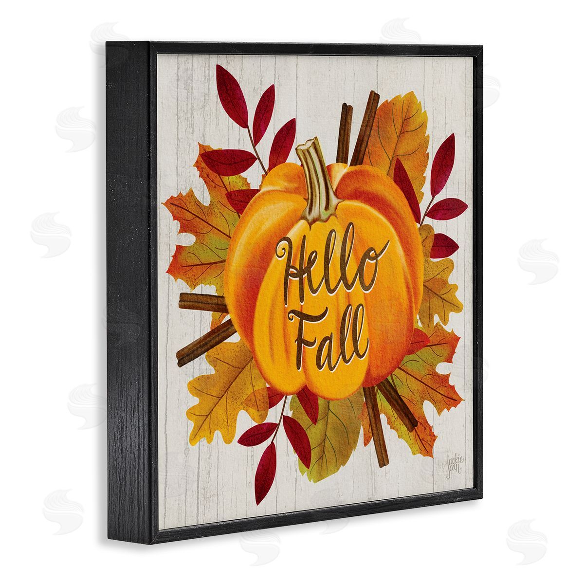 Jackie Quigley Hello Fall Sentiment Orange Pumpkin Autumn Tree Leaves Black Framed Glicee Wall Art Print