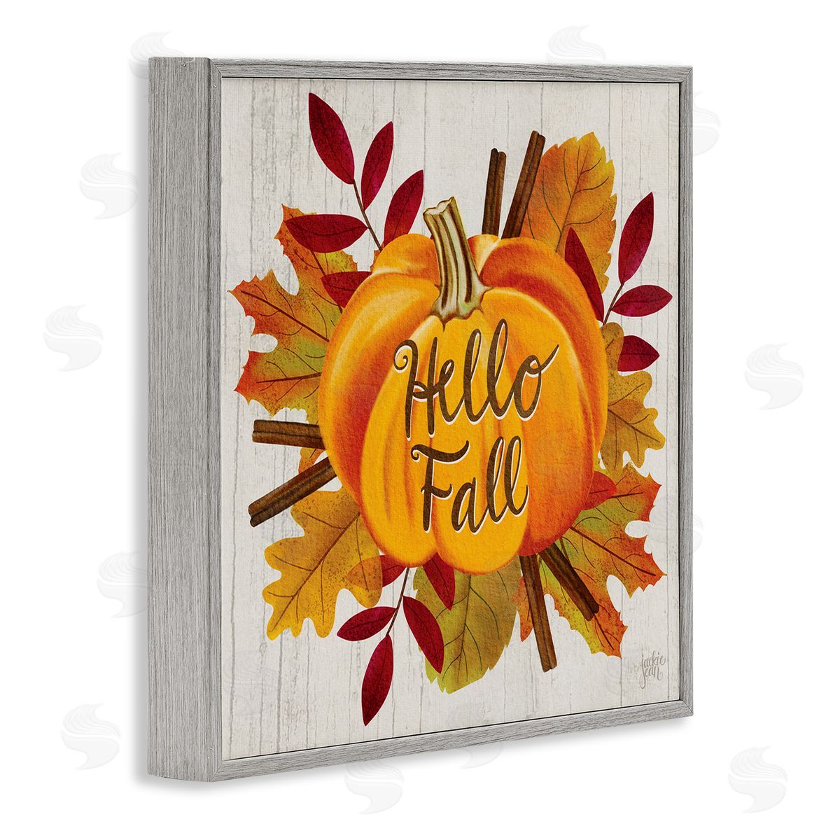 Jackie Quigley Hello Fall Sentiment Orange Pumpkin Autumn Tree Leaves Gray Framed Glicee Wall Art Print