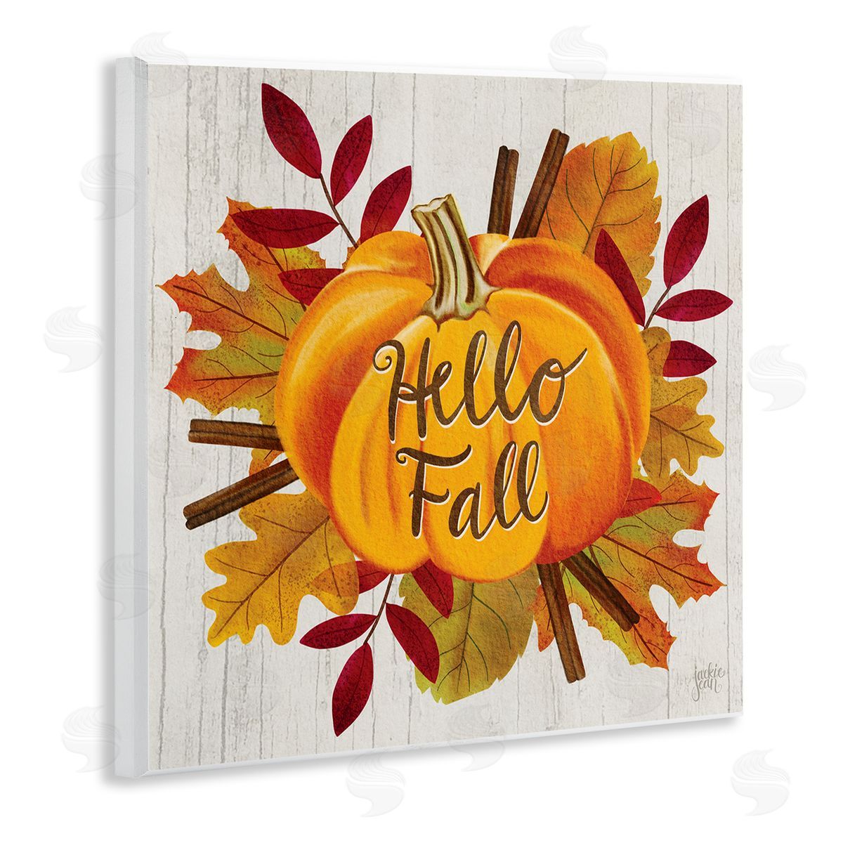 Jackie Quigley Hello Fall Sentiment Orange Pumpkin Autumn Tree Leaves Wooden Wall Plaque Art Print