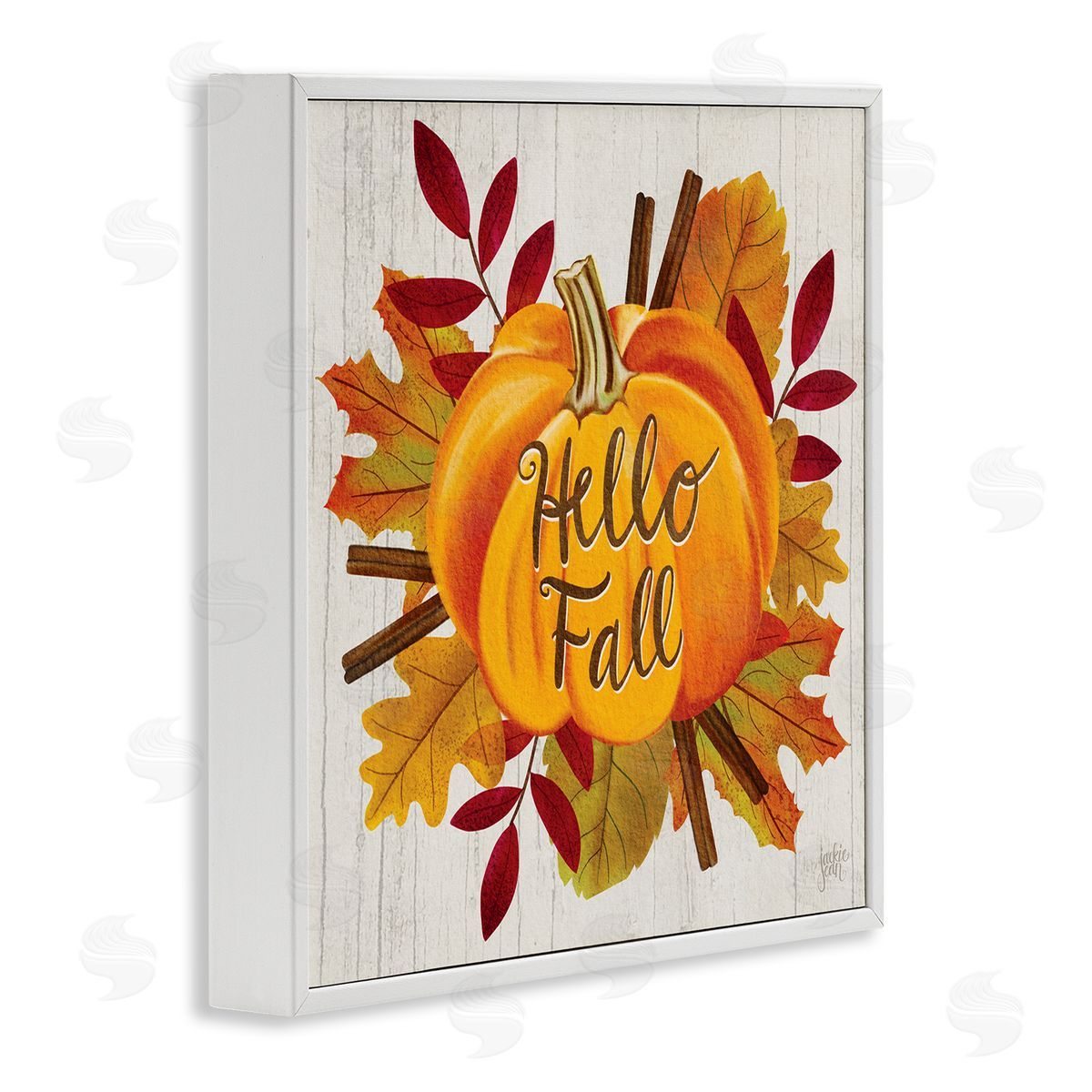 Jackie Quigley Hello Fall Sentiment Orange Pumpkin Autumn Tree Leaves White Framed Glicee Wall Art Print