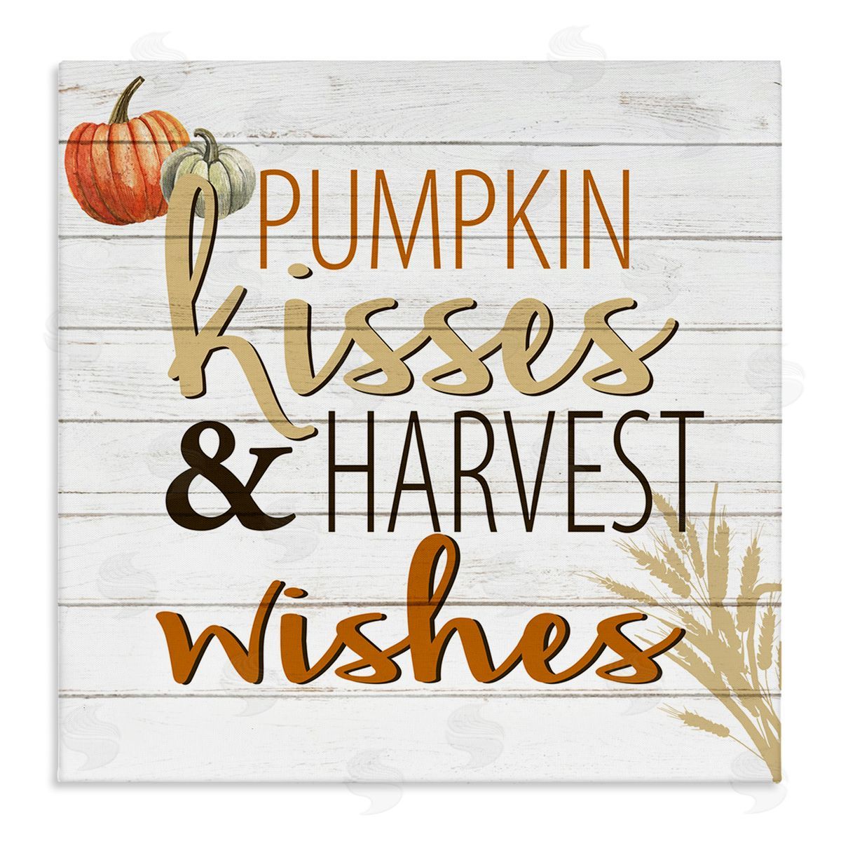 Kim Allen Pumpkin Kisses Harvest Wishes Autumn Sentiment Plank Pattern Stretched Canvas Wall Art Print