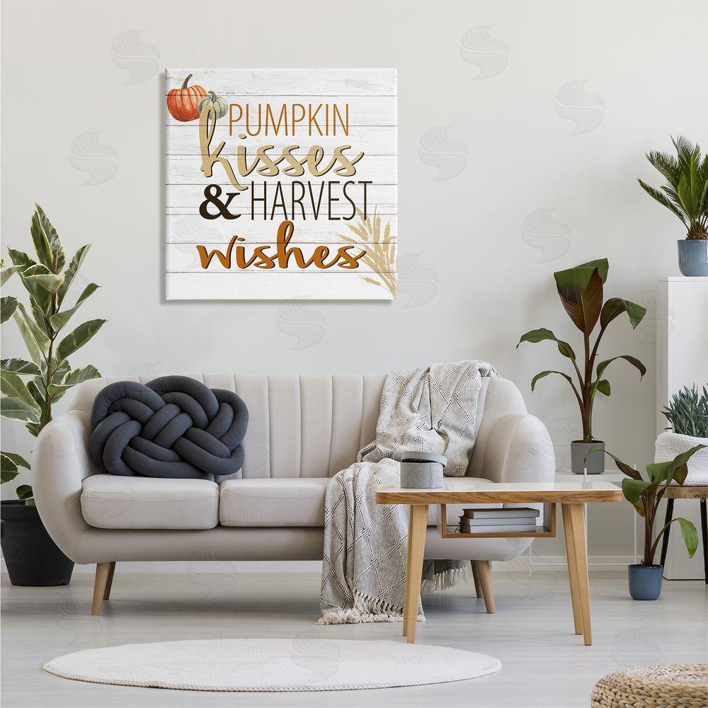 Kim Allen Pumpkin Kisses Harvest Wishes Autumn Sentiment Plank Pattern Canvas Wall Art in Room