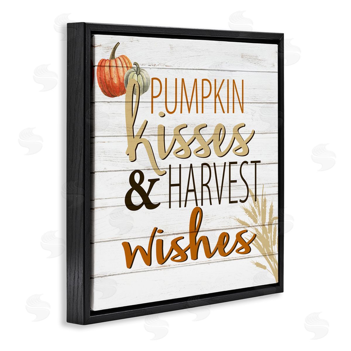 Kim Allen Pumpkin Kisses Harvest Wishes Autumn Sentiment Plank Pattern Black Floating Frame Canvas Wall Art Print