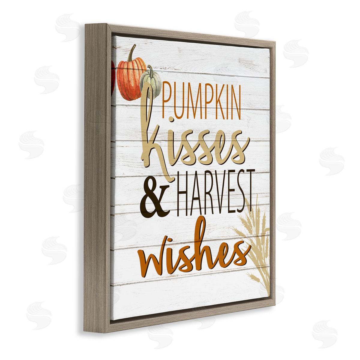 Kim Allen Pumpkin Kisses Harvest Wishes Autumn Sentiment Plank Pattern Brown Floating Frame Canvas Wall Art Print