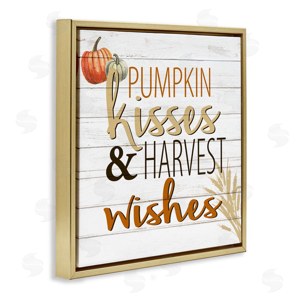 Kim Allen Pumpkin Kisses Harvest Wishes Autumn Sentiment Plank Pattern Gold Floating Frame Canvas Wall Art Print
