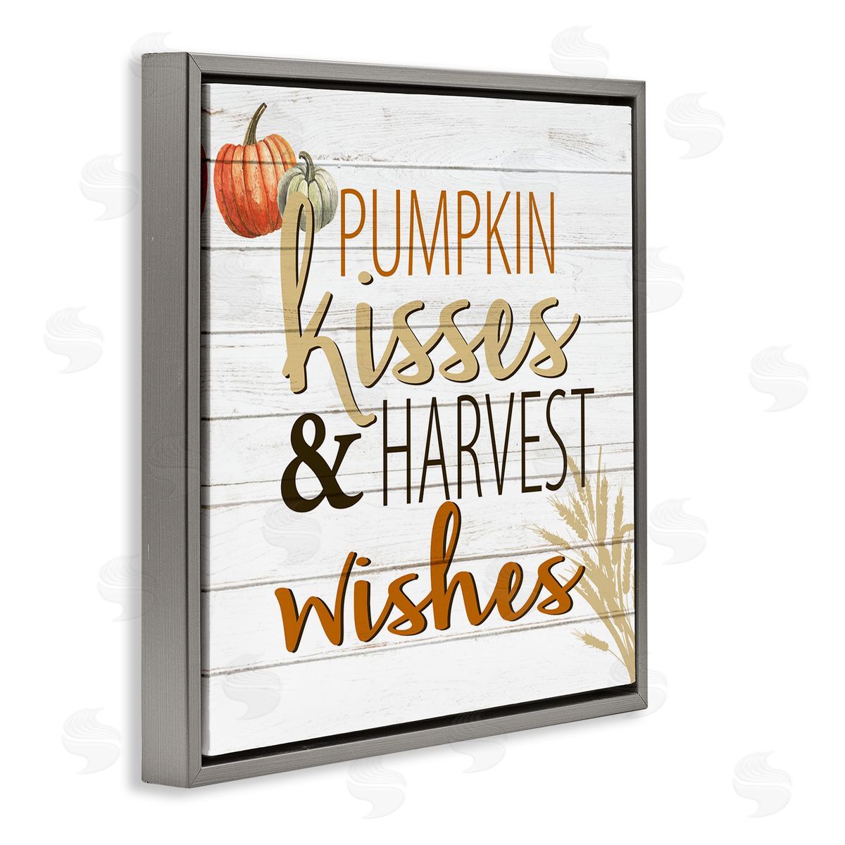 Kim Allen Pumpkin Kisses Harvest Wishes Autumn Sentiment Plank Pattern Gray Floating Frame Canvas Wall Art Print