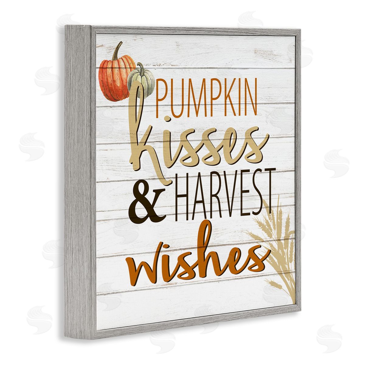 Kim Allen Pumpkin Kisses Harvest Wishes Autumn Sentiment Plank Pattern Gray Framed Glicee Wall Art Print