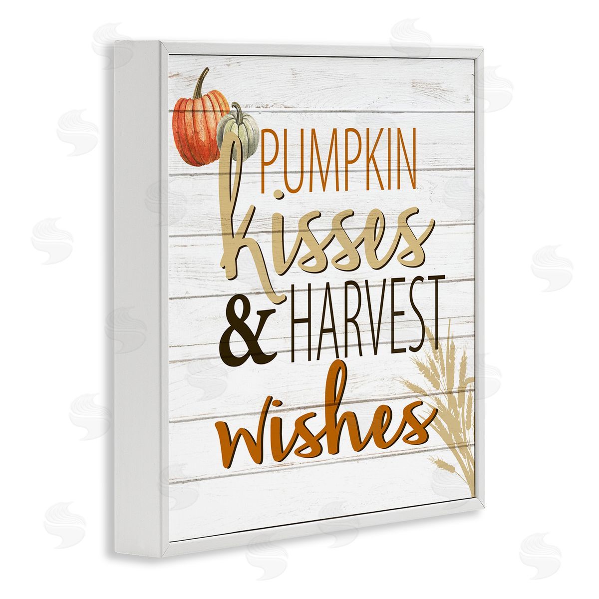 Kim Allen Pumpkin Kisses Harvest Wishes Autumn Sentiment Plank Pattern White Framed Glicee Wall Art Print