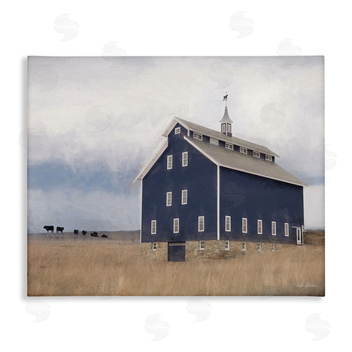 Lori Deiter Blue Farm Barn Landscape Animals Grazing Cloudy Sky