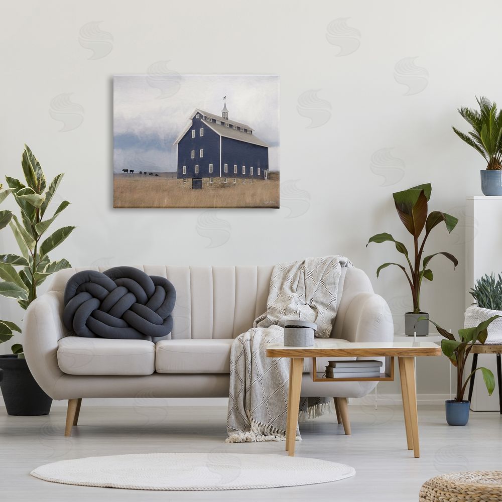 Lori Deiter Blue Farm Barn Landscape Animals Grazing Cloudy Sky