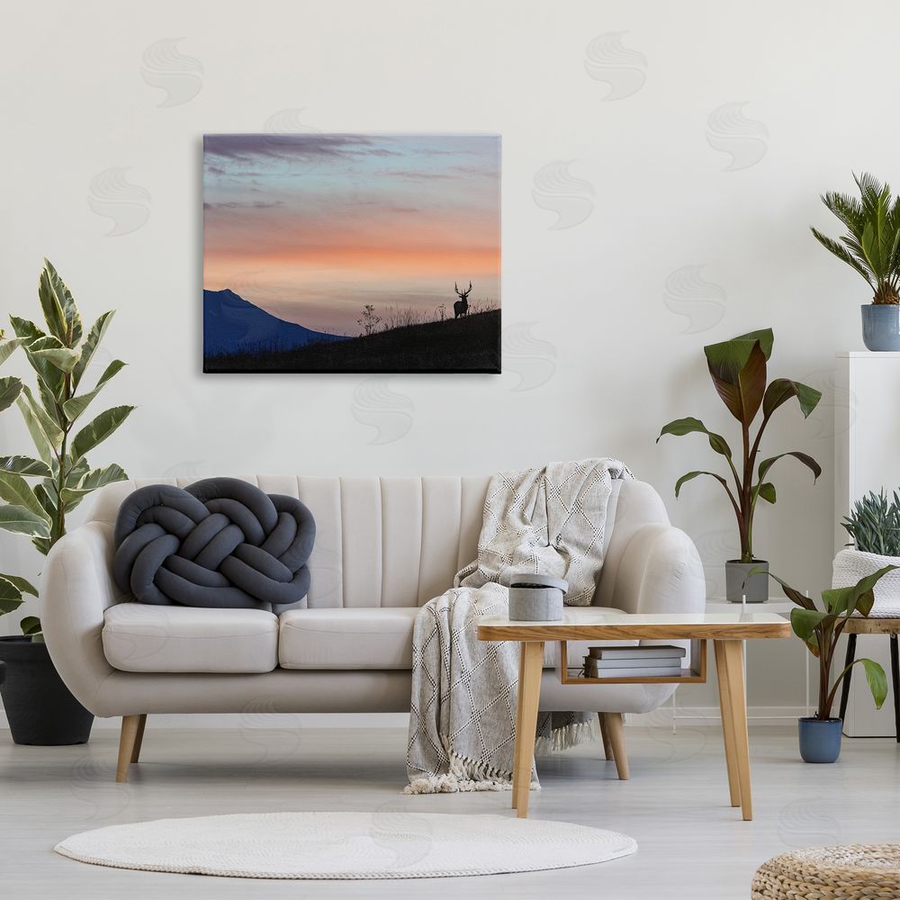 Larry McFerrin Mountain Elk Sunset Silhouette Blush Orange Skyline