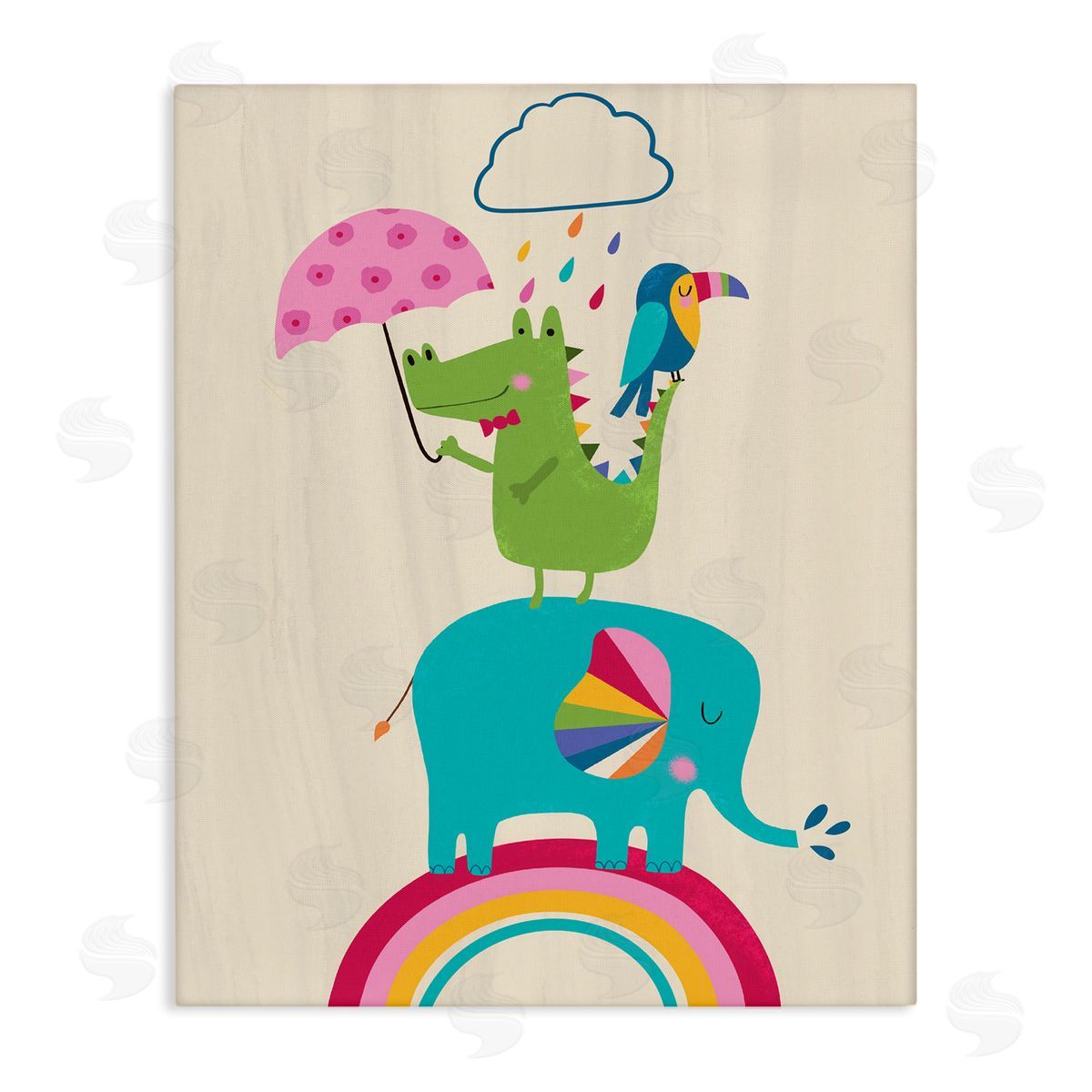 Louise Allen Designs Animals Standing on Rainbow Kid's Elephant Alligator Toucan