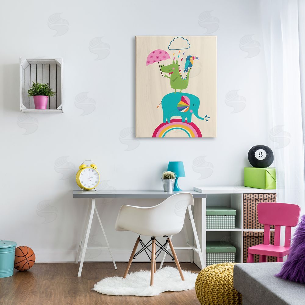 Louise Allen Designs Animals Standing on Rainbow Kid's Elephant Alligator Toucan