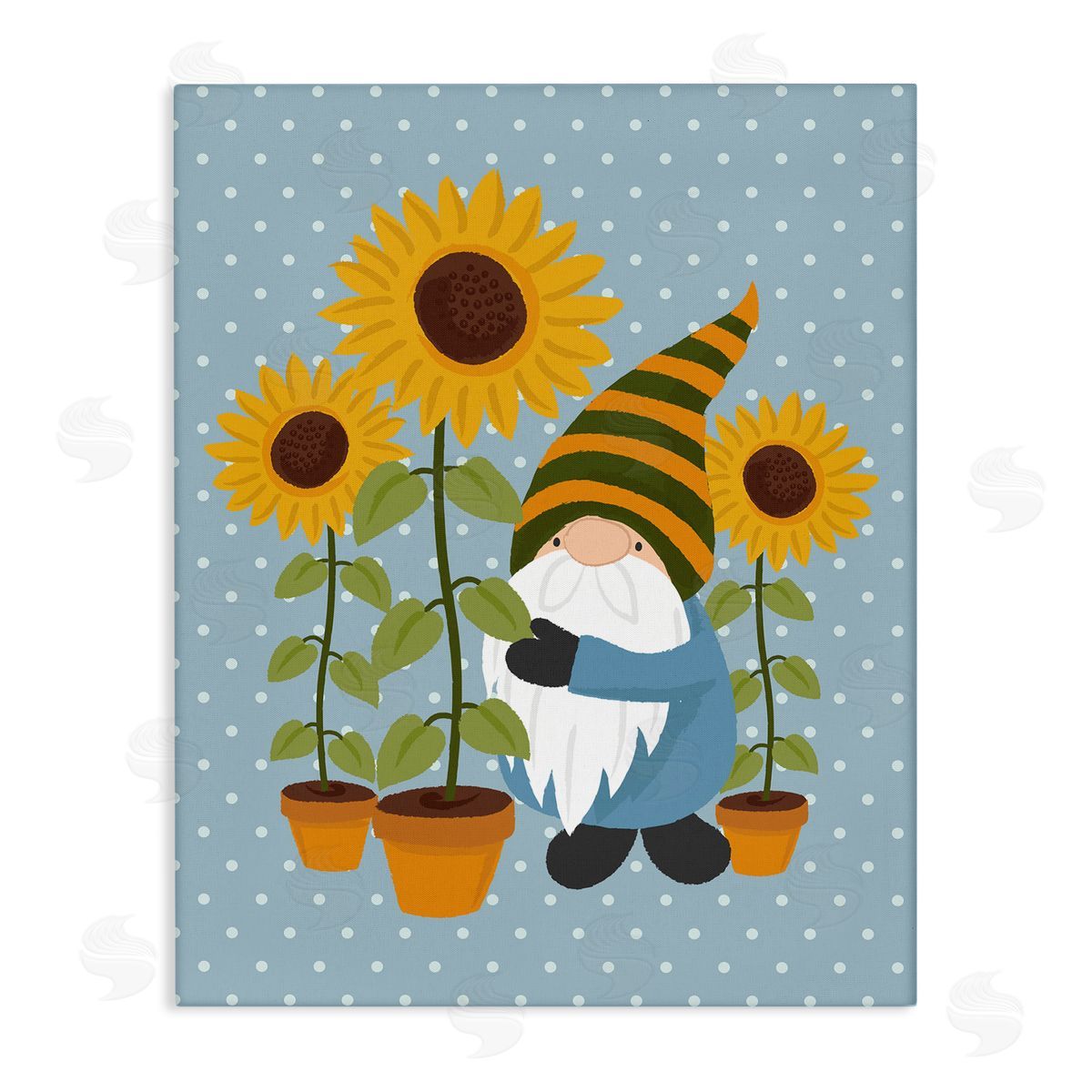 Lisa Perry Whitebutton Sunflower Garden Gnome Striped Hat Blue Polka Dots