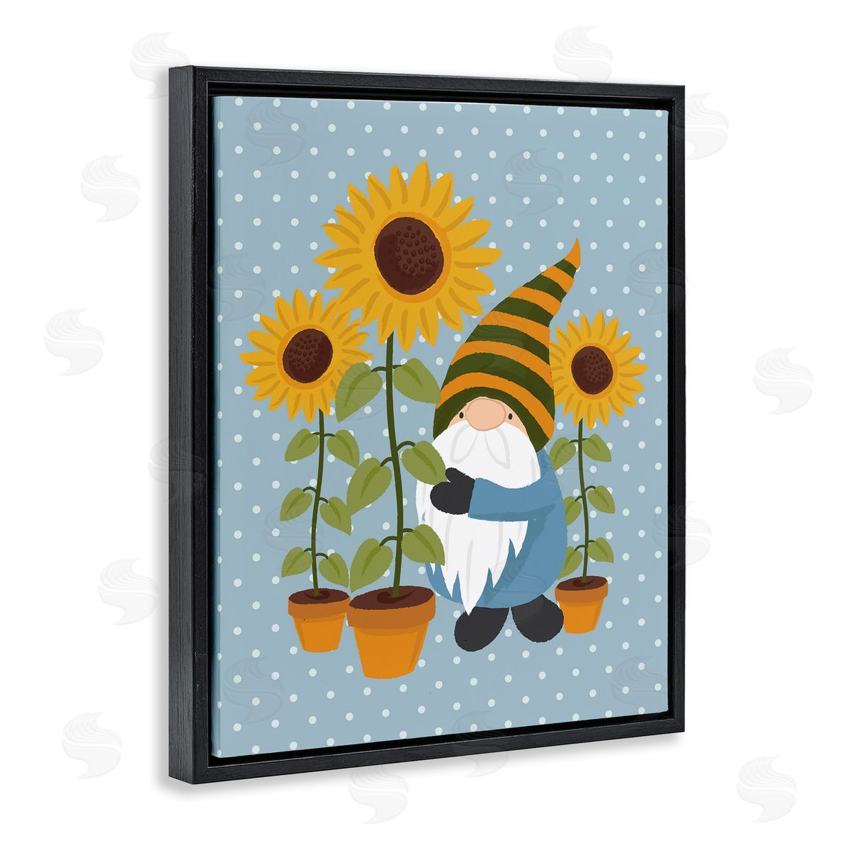 Lisa Perry Whitebutton Sunflower Garden Gnome Striped Hat Blue Polka Dots
