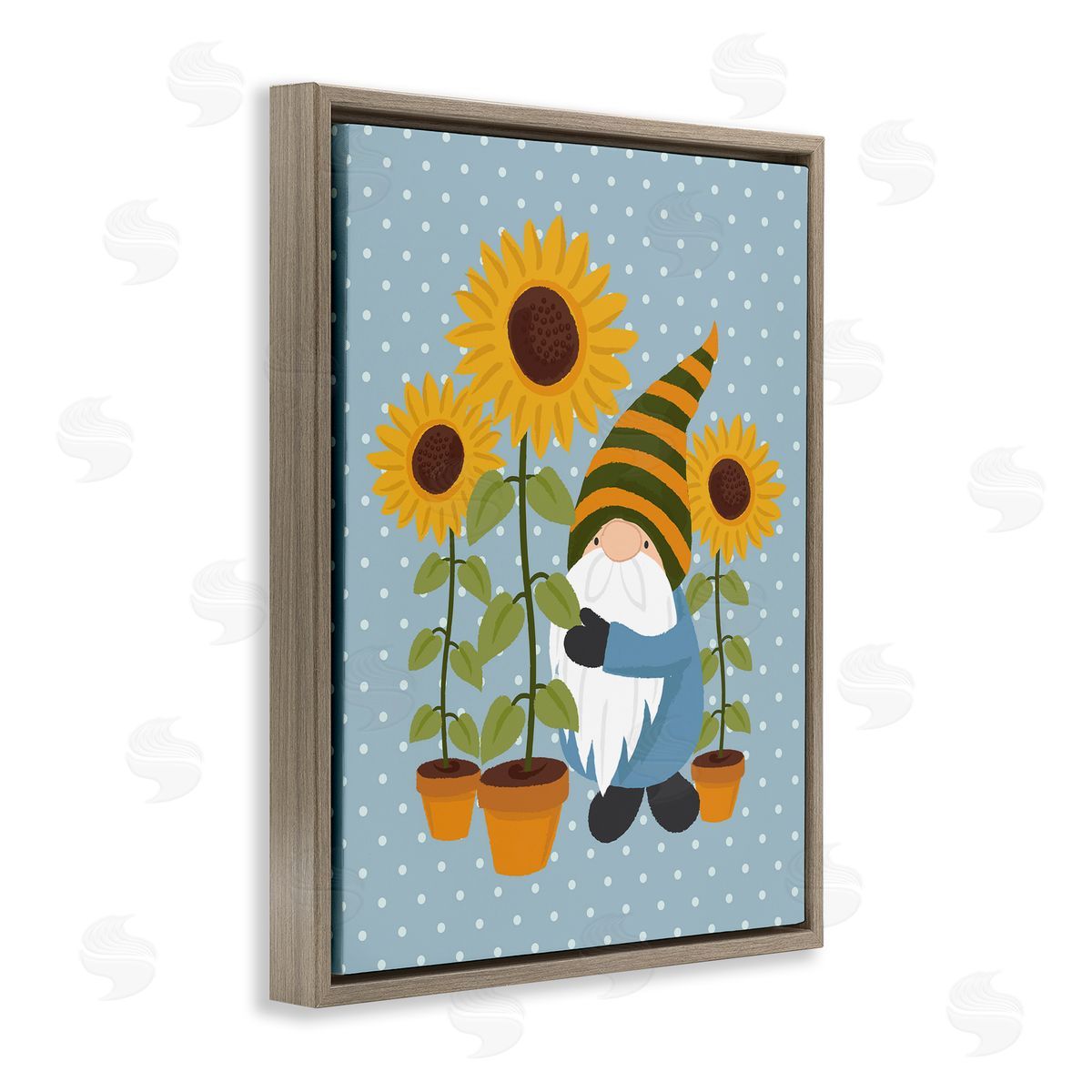 Lisa Perry Whitebutton Sunflower Garden Gnome Striped Hat Blue Polka Dots