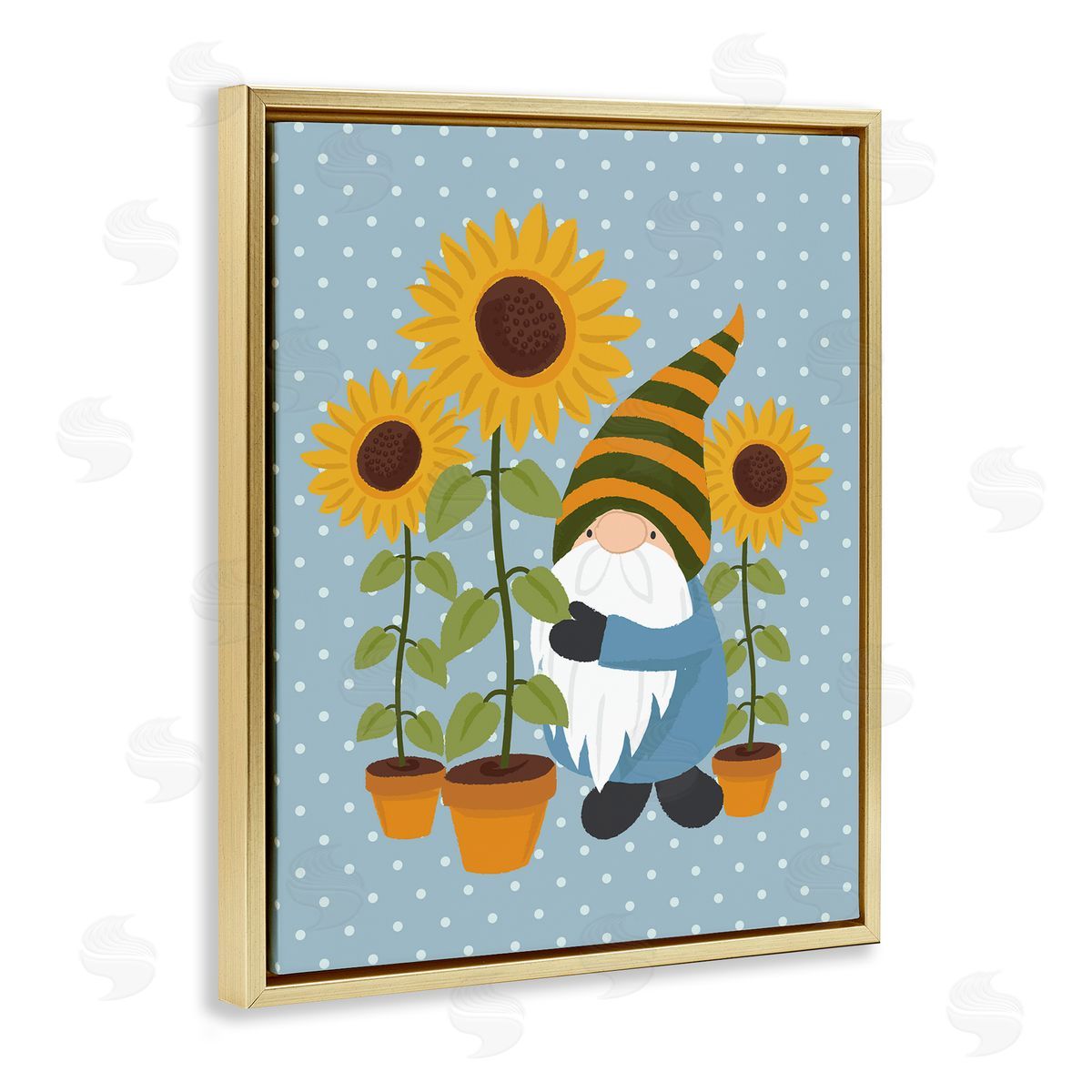 Lisa Perry Whitebutton Sunflower Garden Gnome Striped Hat Blue Polka Dots