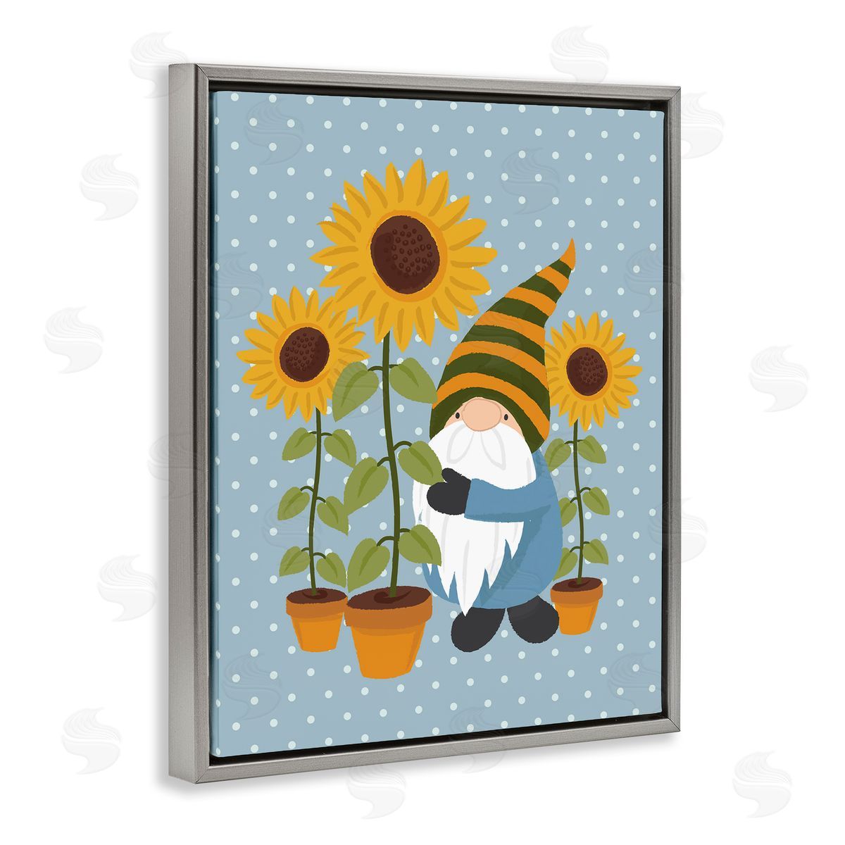 Lisa Perry Whitebutton Sunflower Garden Gnome Striped Hat Blue Polka Dots