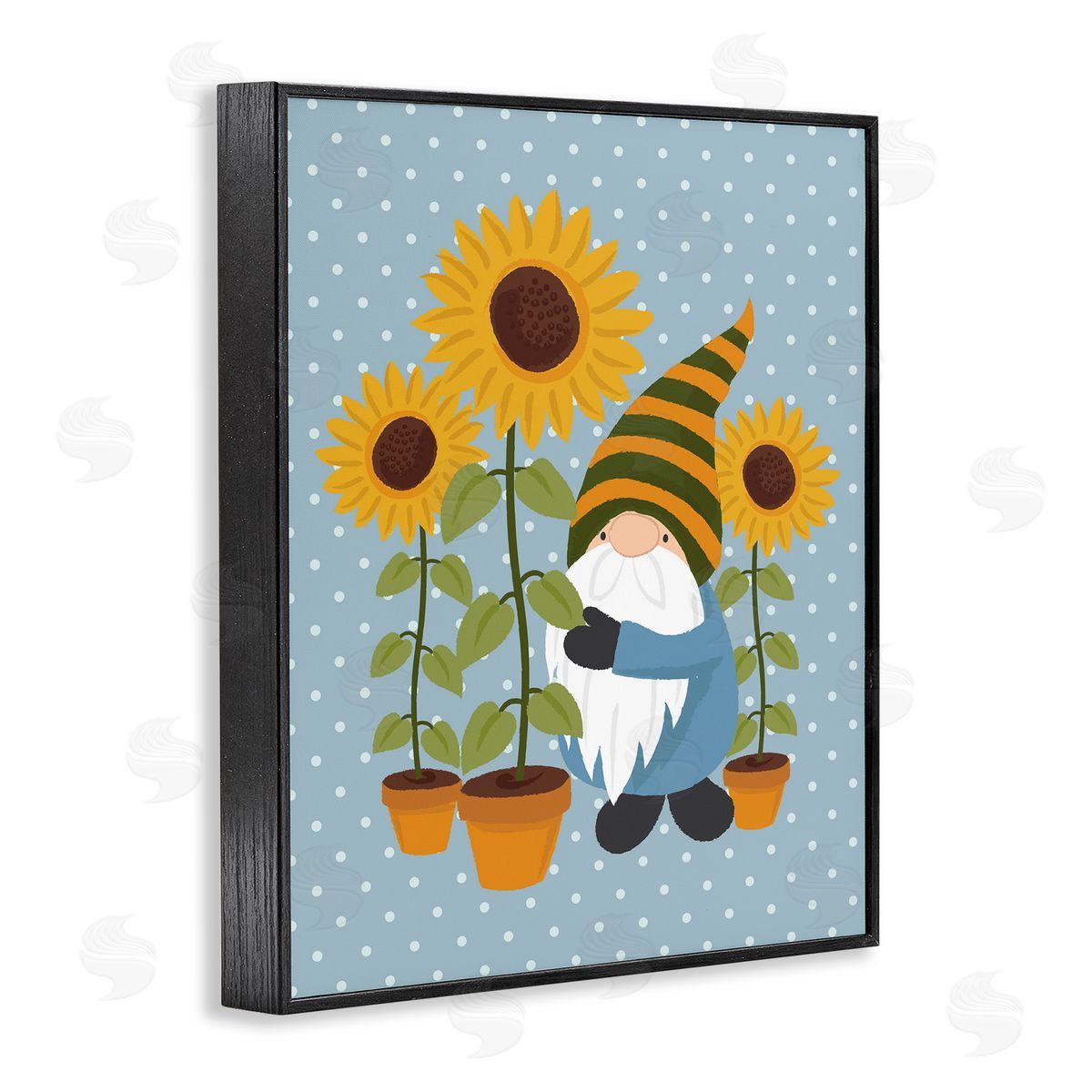 Lisa Perry Whitebutton Sunflower Garden Gnome Striped Hat Blue Polka Dots