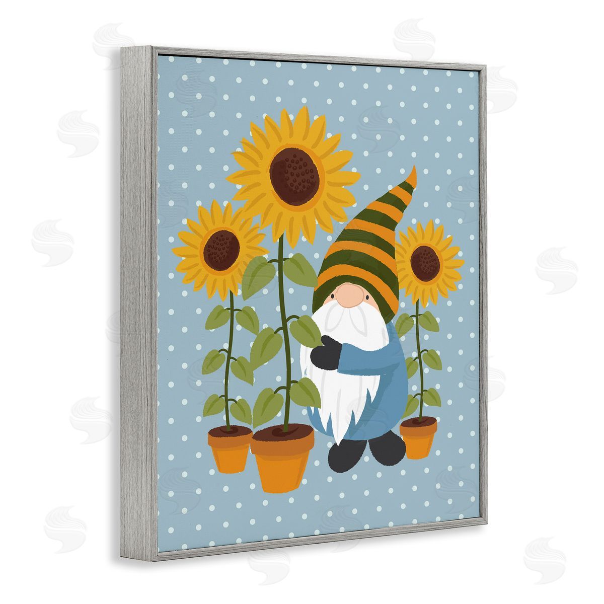 Lisa Perry Whitebutton Sunflower Garden Gnome Striped Hat Blue Polka Dots