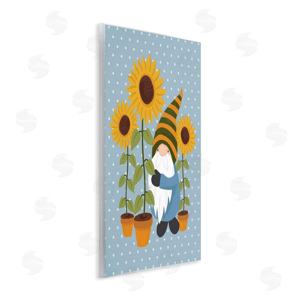 Lisa Perry Whitebutton Sunflower Garden Gnome Striped Hat Blue Polka Dots