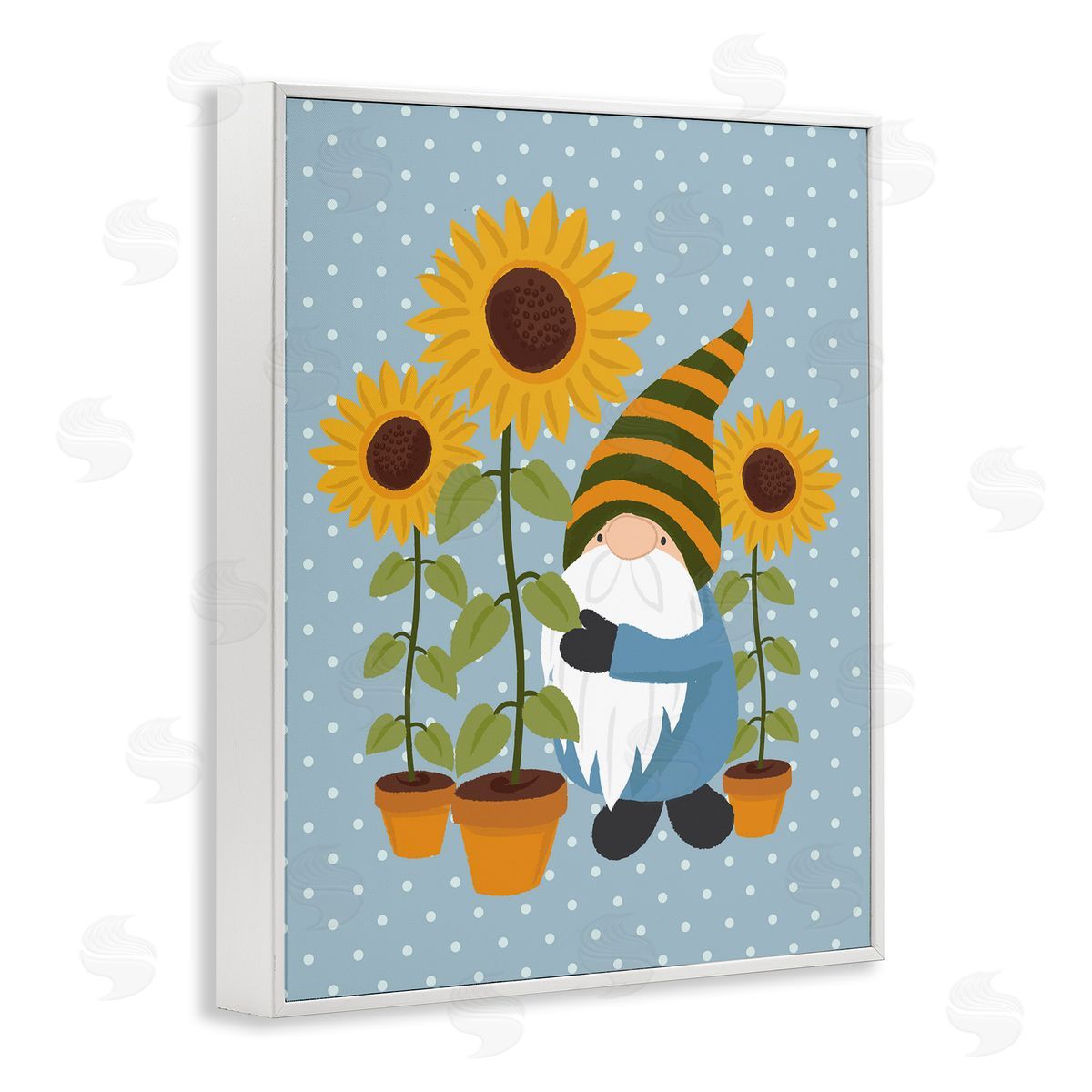 Lisa Perry Whitebutton Sunflower Garden Gnome Striped Hat Blue Polka Dots