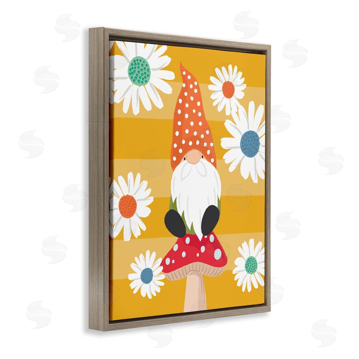 Lisa Perry Whitebutton Mushroom Garden Gnome White Daisies Yellow Stripes