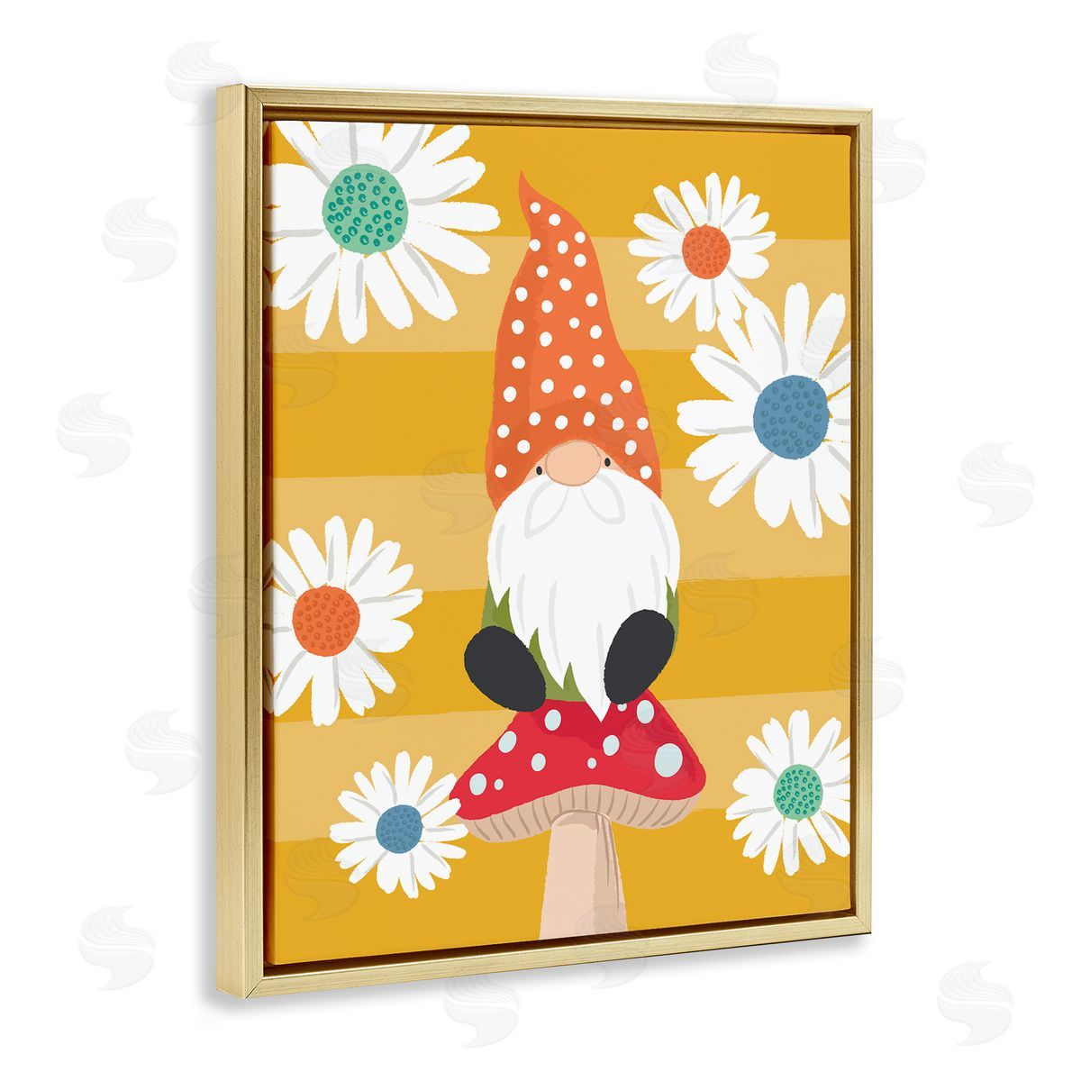 Lisa Perry Whitebutton Mushroom Garden Gnome White Daisies Yellow Stripes