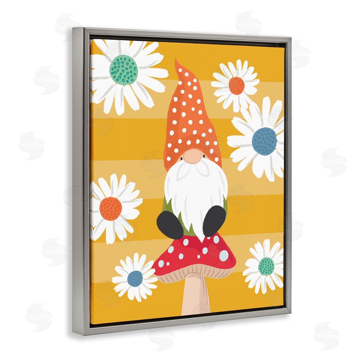 Lisa Perry Whitebutton Mushroom Garden Gnome White Daisies Yellow Stripes