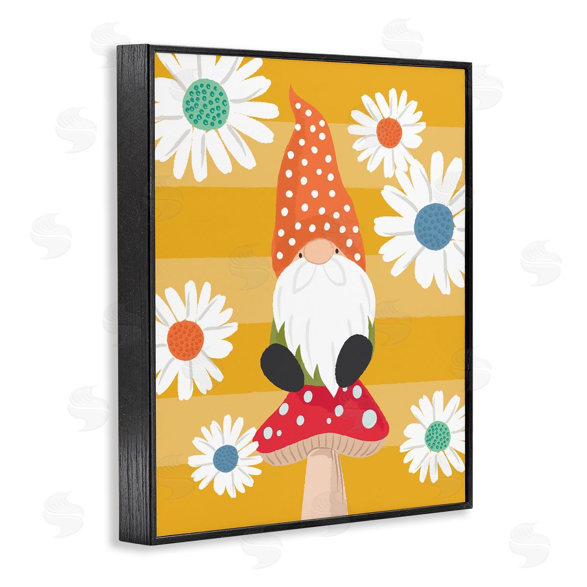 Lisa Perry Whitebutton Mushroom Garden Gnome White Daisies Yellow Stripes