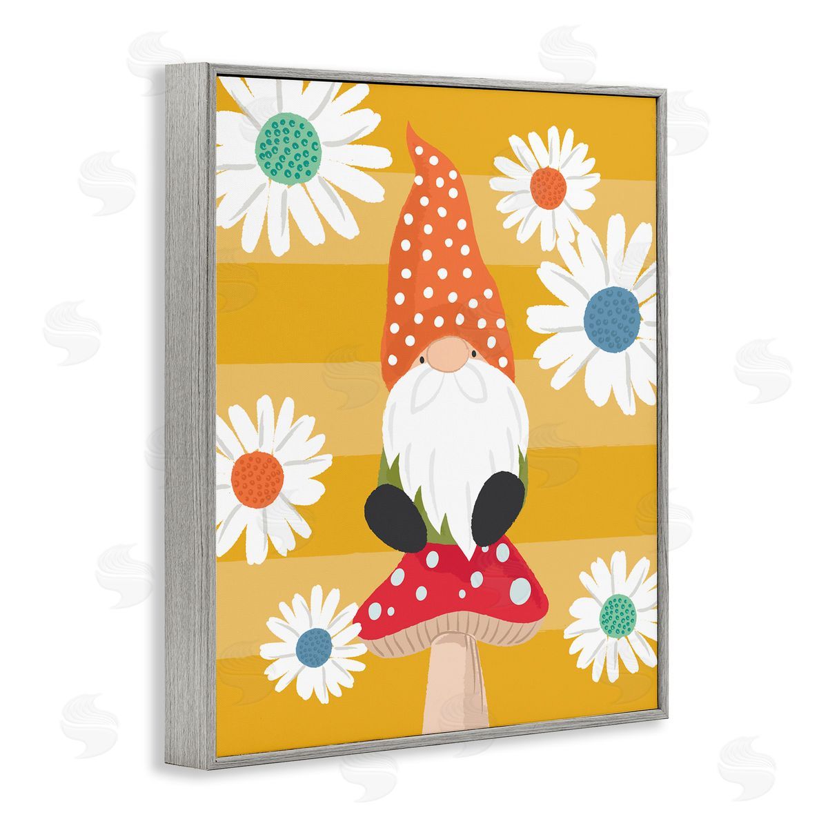 Lisa Perry Whitebutton Mushroom Garden Gnome White Daisies Yellow Stripes