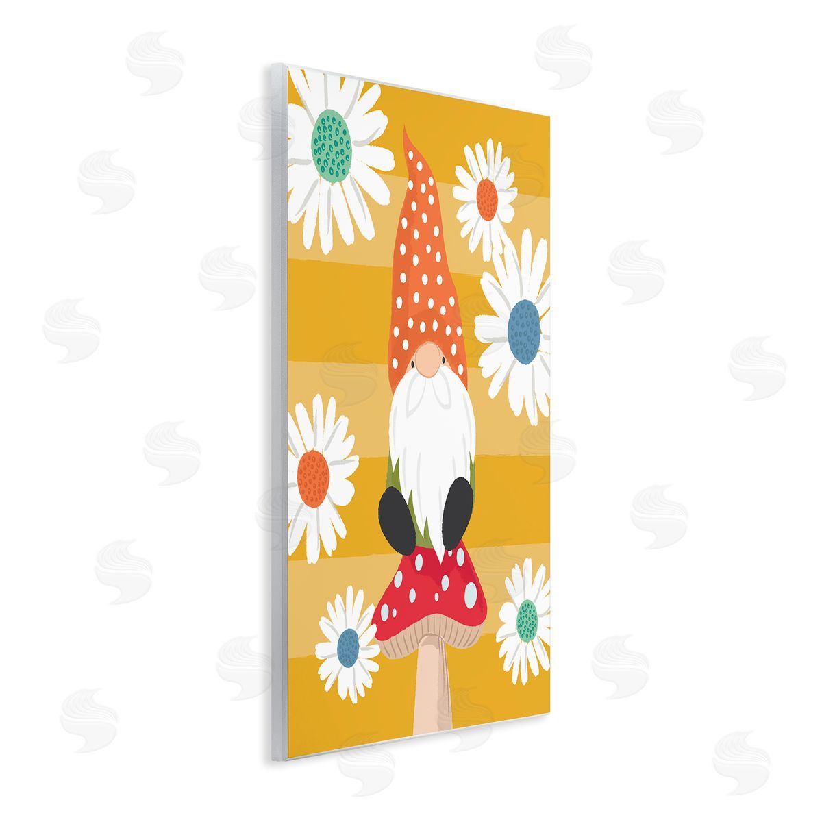 Lisa Perry Whitebutton Mushroom Garden Gnome White Daisies Yellow Stripes