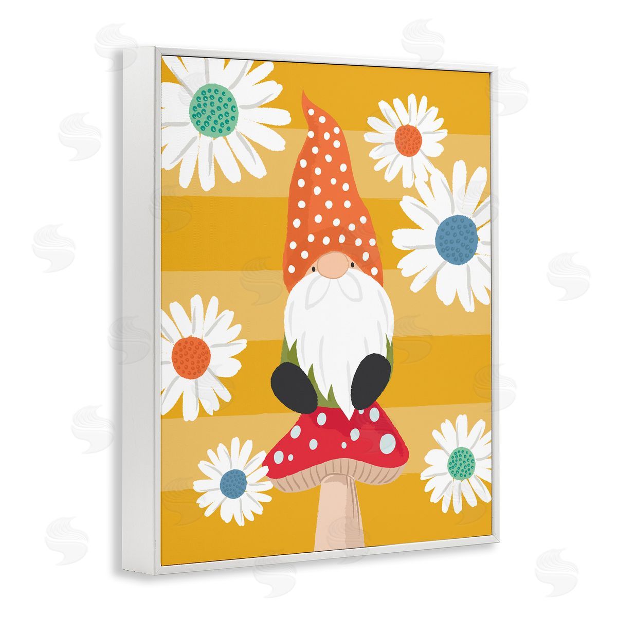 Lisa Perry Whitebutton Mushroom Garden Gnome White Daisies Yellow Stripes