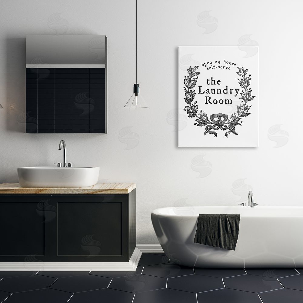 Lettered and Lined 24 Hour Self-Serve Laundry Room Sign Vintage Wreath