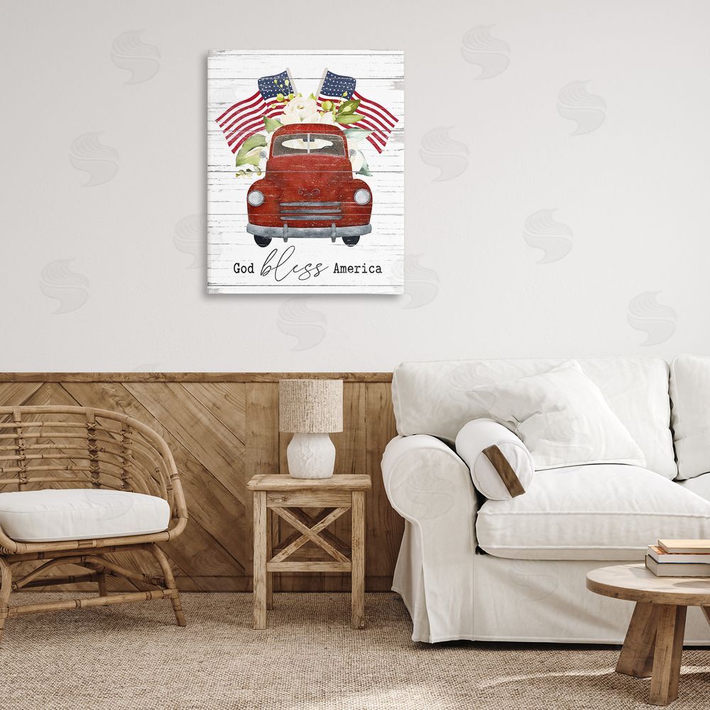 Lettered and Lined God Bless America Sentiment Americana Red Truck Flags
