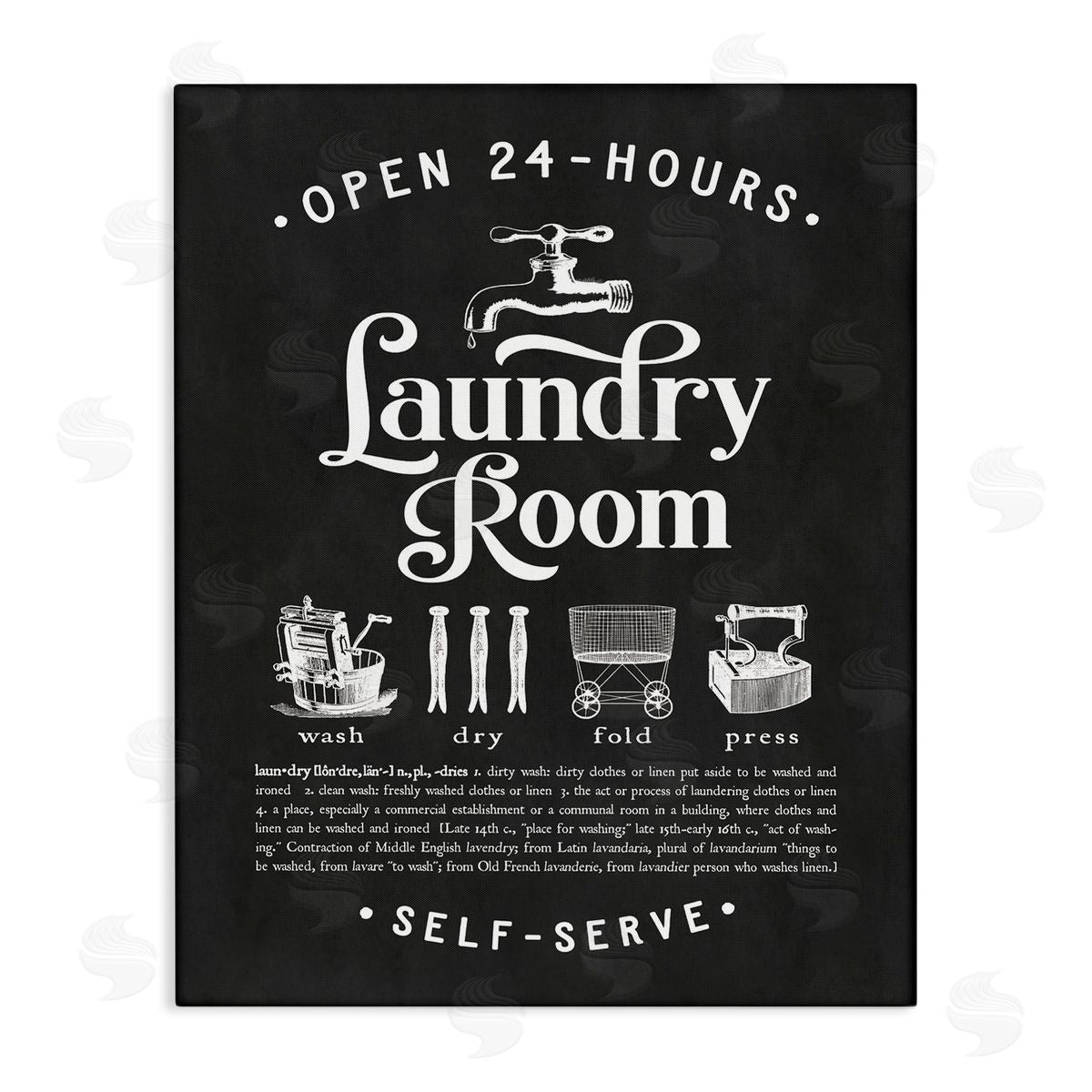 Lettered and Lined 24 Hour Laundry Sign Vintage Icon Illustrations Black White