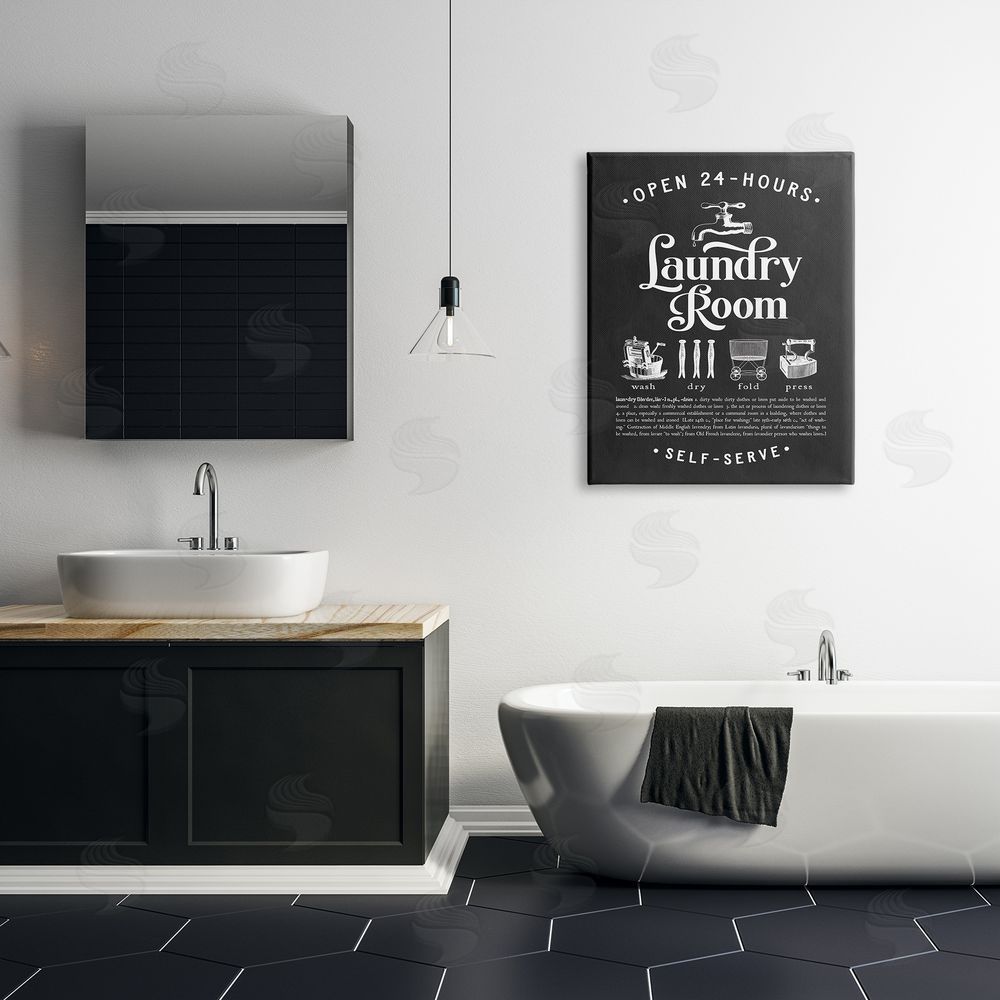 Lettered and Lined 24 Hour Laundry Sign Vintage Icon Illustrations Black White