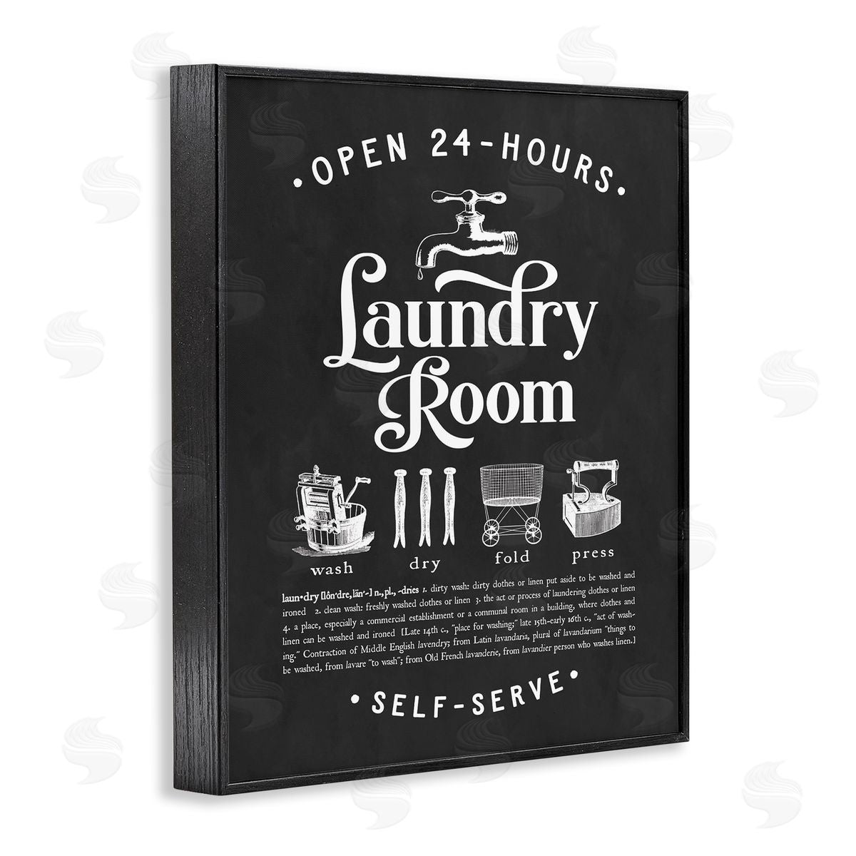 Lettered and Lined 24 Hour Laundry Sign Vintage Icon Illustrations Black White