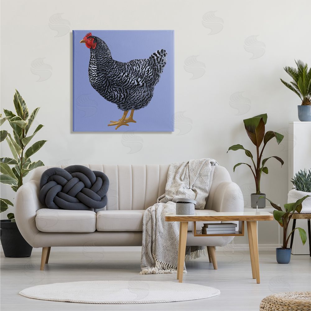 Sally Springer Griffith Striped Farm Chicken Over Purple Smiling Bird Canvas Wall Art in Room