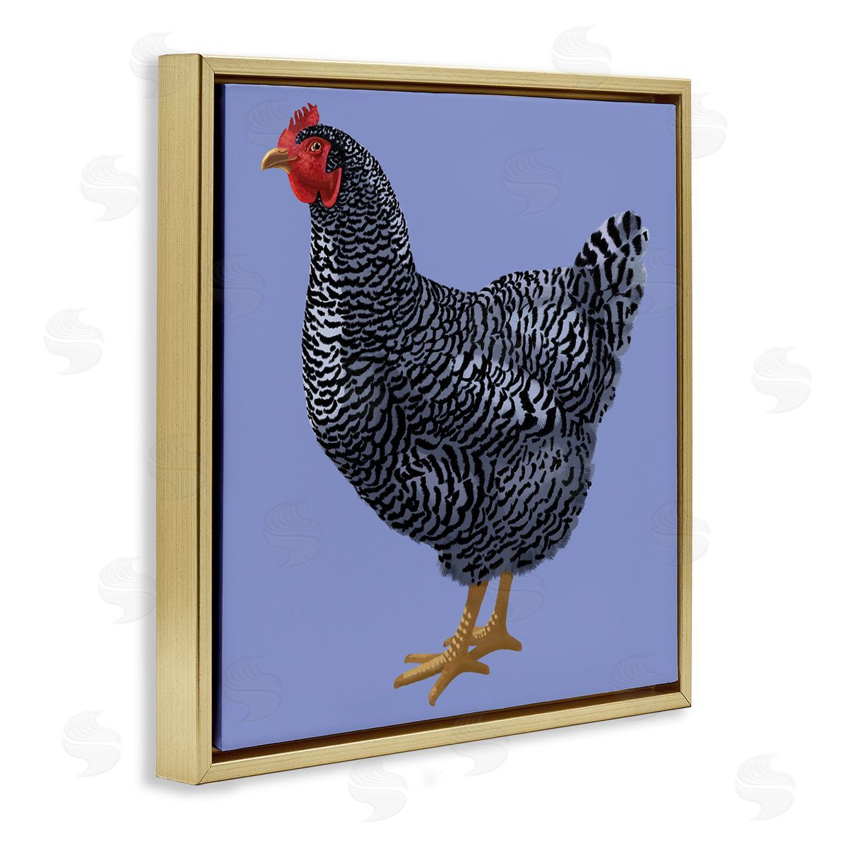 Sally Springer Griffith Striped Farm Chicken Over Purple Smiling Bird Gold Floating Frame Canvas Wall Art Print