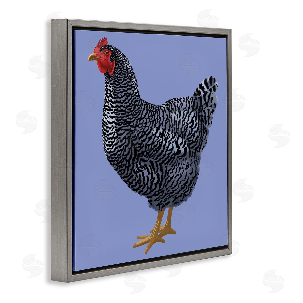 Sally Springer Griffith Striped Farm Chicken Over Purple Smiling Bird Gray Floating Frame Canvas Wall Art Print