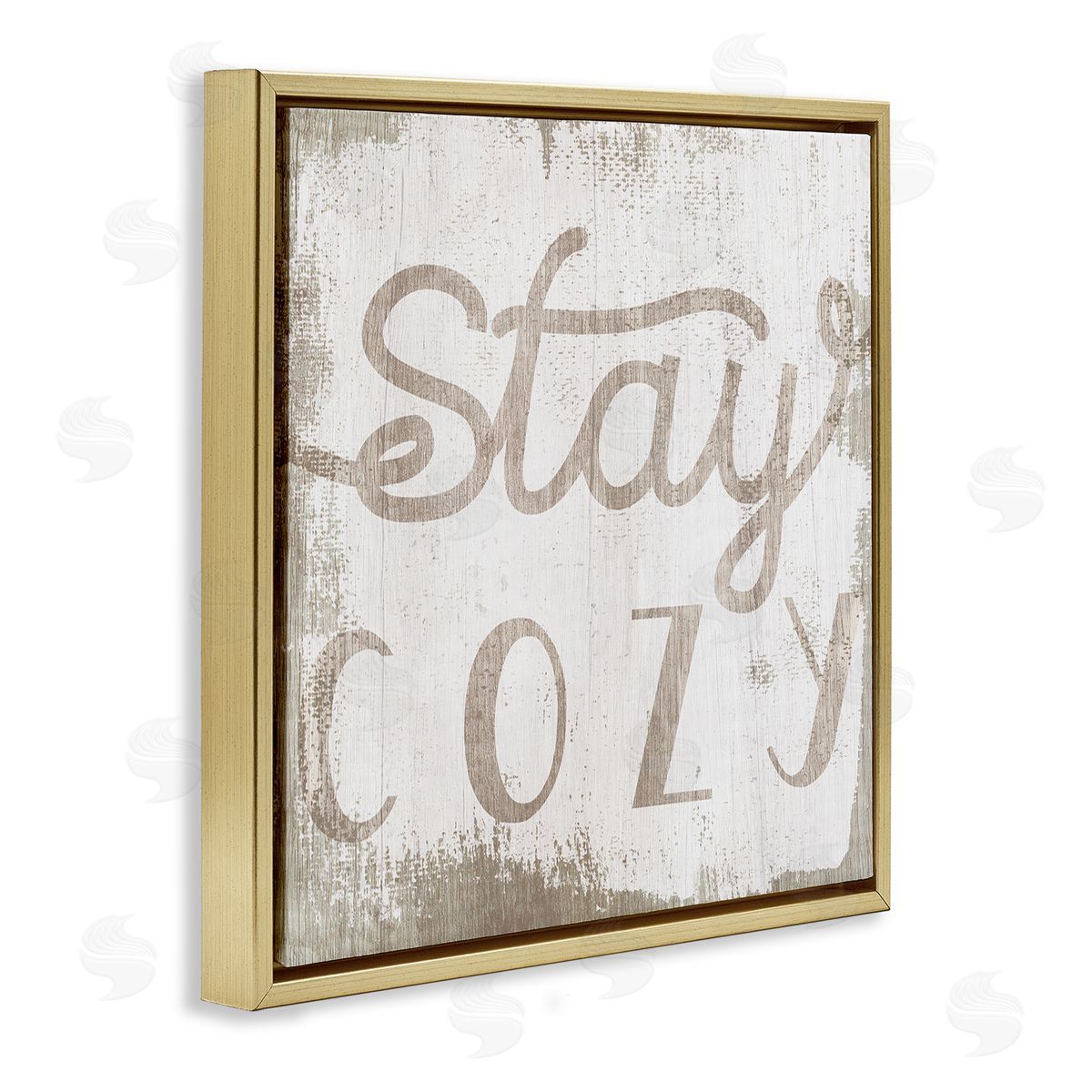 Stupell Studio Distressed Stay Cozy Sentiment Playful Rustic Typography  Gold Floating Frame Canvas Wall Art Print