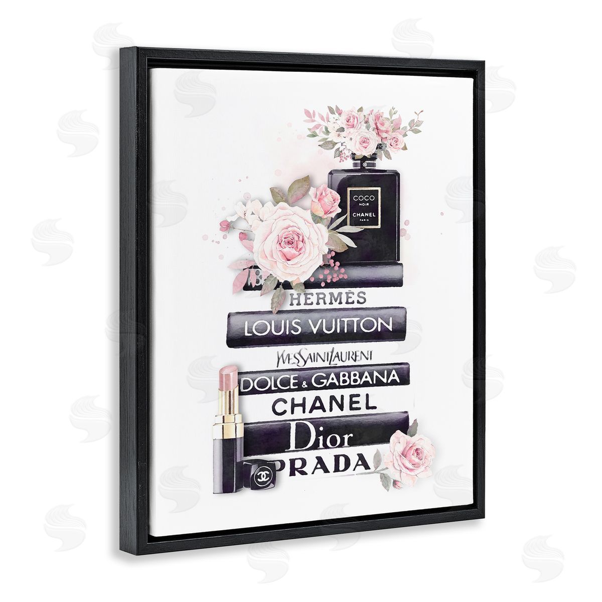 Pink Roses Glam Bookstack Black Floating Frame Canvas Wall Art, Home Decor by Ros Ruseva